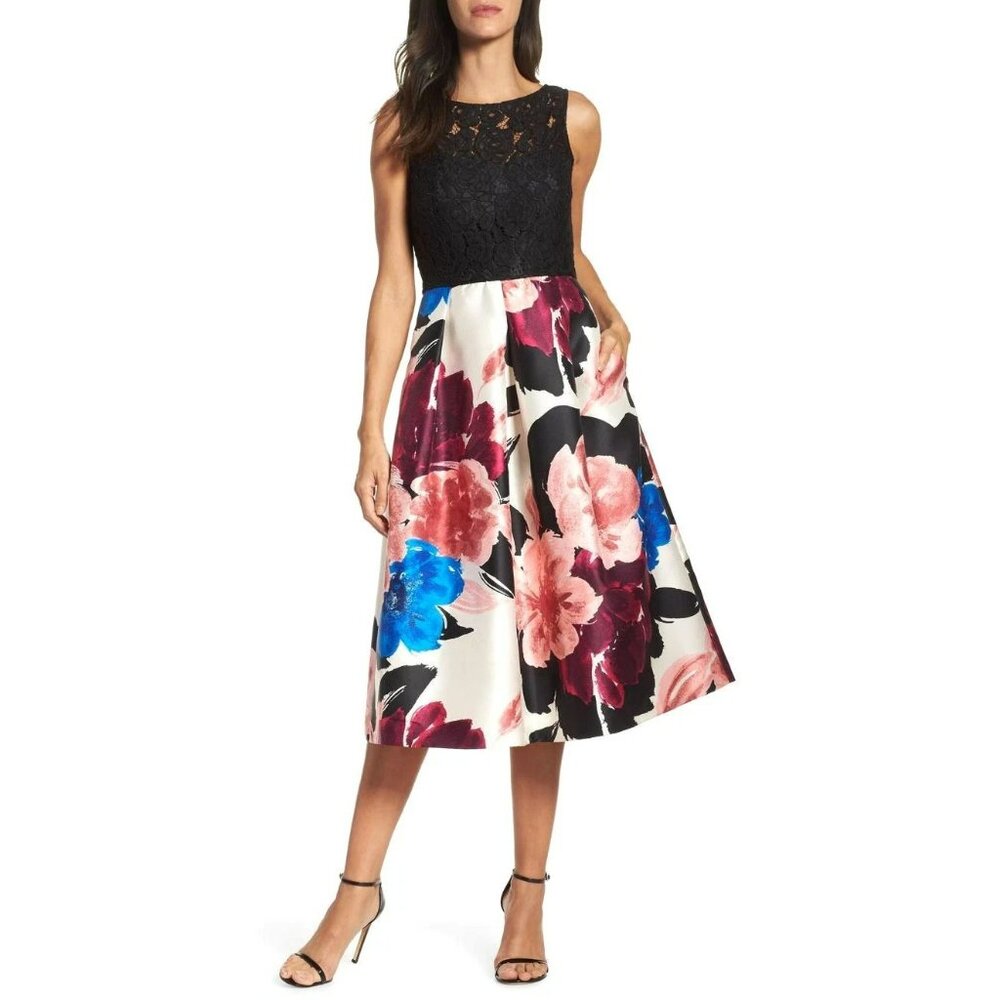 Ellen Tracy Arcadia Print Black Lace Pink Blue Floral Fit and Flare Midi Dress